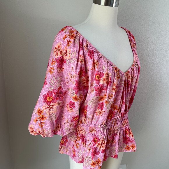LOFT Womens Plus XXL Floral Pink Lily Gathered Waist V Neck Blouse Shirt Top - Picture 5 of 14